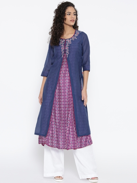 

Biba Women Blue & Magenta Printed Layered A-Line Kurta