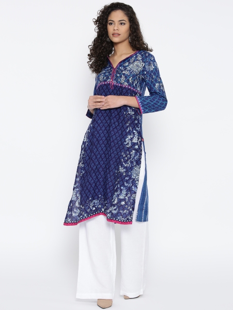 

Biba Women Blue Printed Straight Kurta