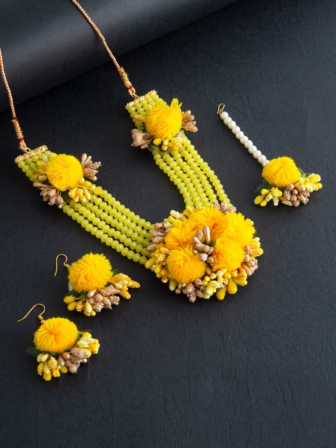 

Golden Peacock Yellow Beaded Floral Jewellery Set