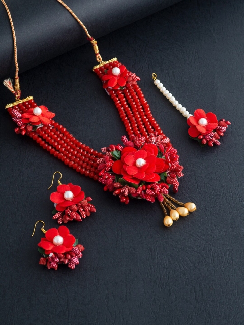 

Golden Peacock Red & White Beaded Floral Jewellery Set