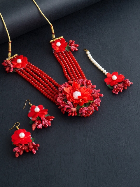 

Golden Peacock Women Gold-Plated Red and White Beaded Floral Gota Patti Flower Jewellery Set