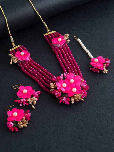 

Golden Peacock Pink Floral Gota Patti Flower Jewellery Set