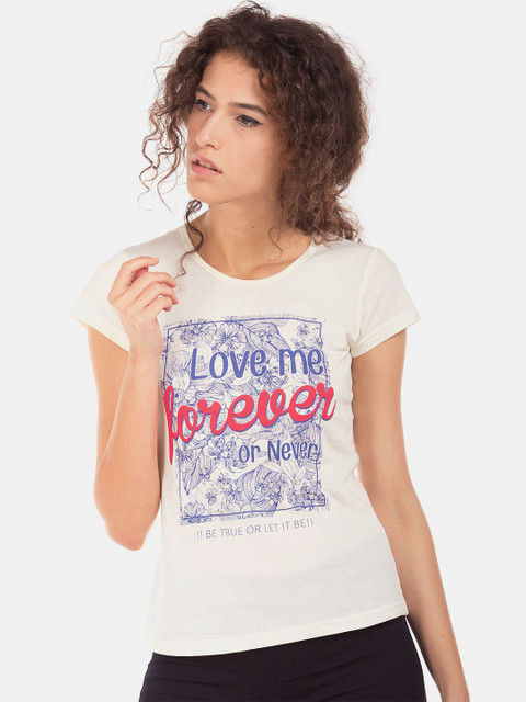 

Sugr Women Off White & Blue Cotton Typography Printed T-shirt