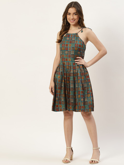 

Molcha Green & Mustard Yellow Ethnic Motifs Print Cotton A-Line Dress