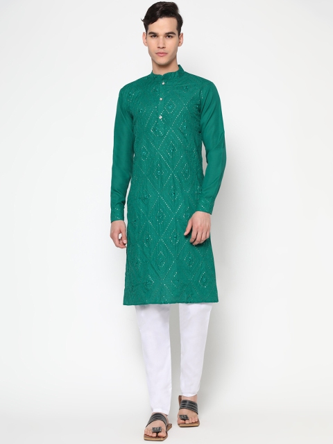 

Tasarika Men Green Embroidered Sequinned Pure Cotton Kurta with Pyjamas