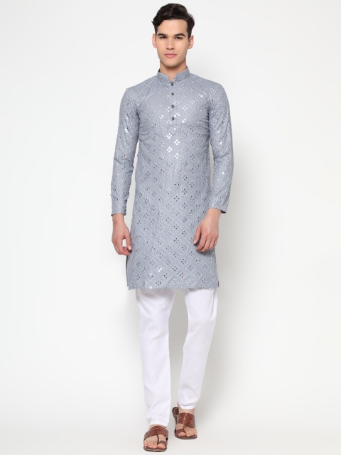 

Tasarika Men Grey Embroidered Pure Cotton Kurta with Trousers