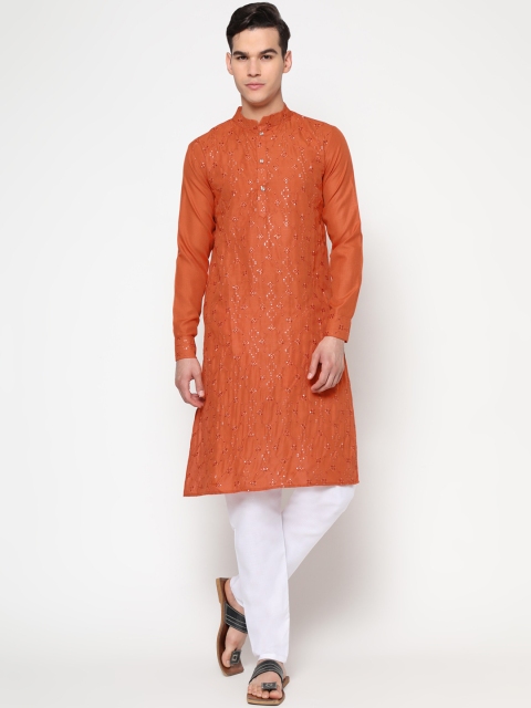 

Tasarika Men Orange Embroidered Sequinned Pure Cotton Kurta with Pyjamas