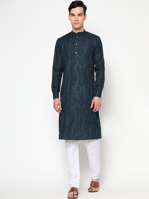 

Tasarika Men Navy Blue Ethnic Motifs Embroidered Sequinned Pure Cotton Kurta with Pyjamas