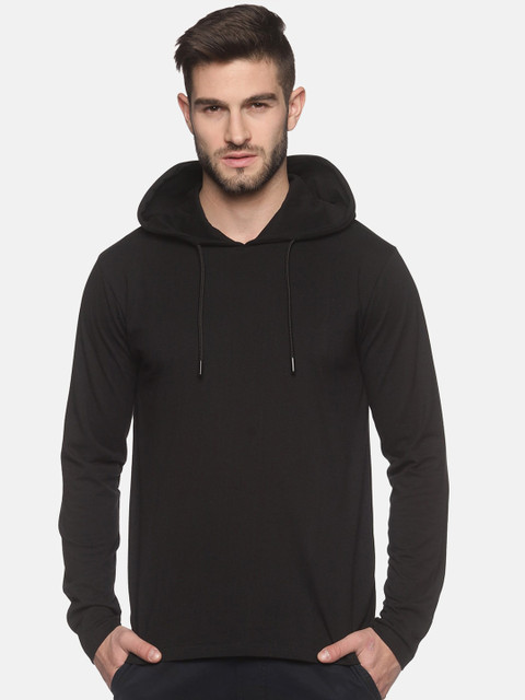 

MASH UNLIMITED Men Black Slim Fit Hooded Cotton T-shirt