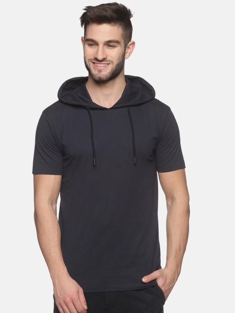 

MASH UNLIMITED Men Navy Blue Hooded Slim Fit T-shirt