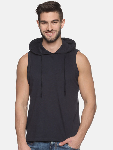 

MASH UNLIMITED Men Navy Blue Slim Fit Hooded Cotton T-shirt