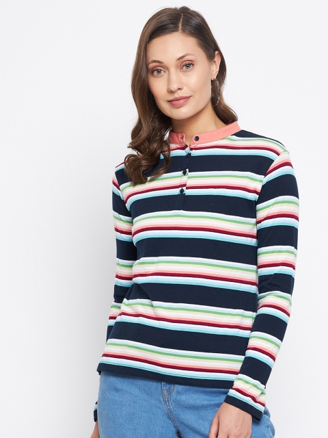 

HARBORNBAY Women Navy Blue Striped V-Neck T-shirt