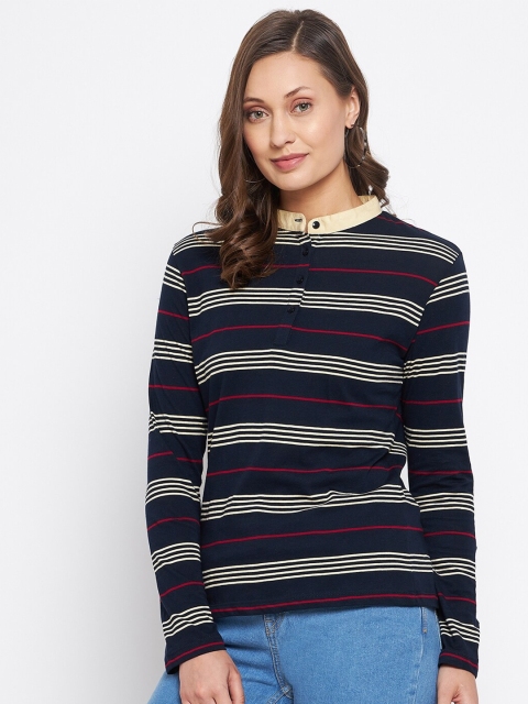 

HARBORNBAY Women Navy Blue Striped T-shirt