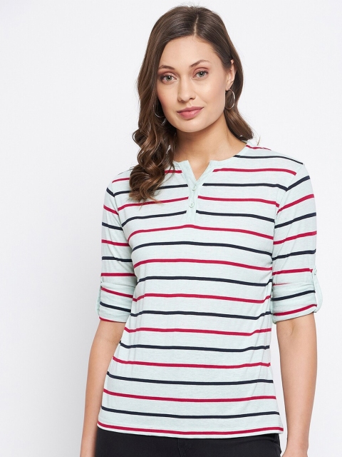 

HARBORNBAY Women Green Striped Henley Neck T-shirt