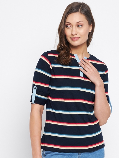

HARBORNBAY Women Navy Blue Striped Polo Collar Applique T-shirt