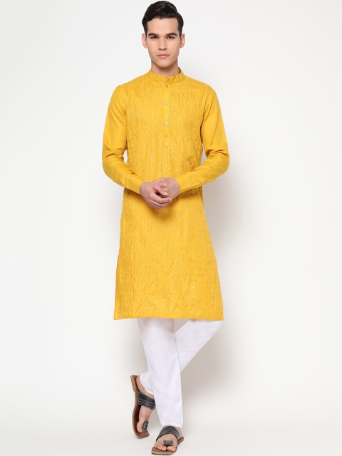 

Tasarika Men Yellow Embroidered Sequinned Pure Cotton Kurta with Pyjamas