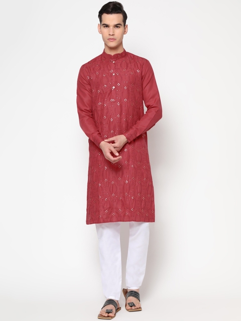 

Tasarika Men Maroon Embroidered Sequinned Pure Cotton Kurta Set