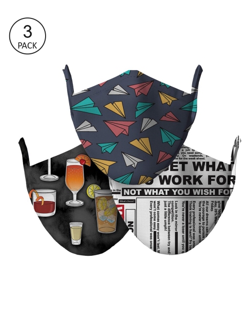 

wHAT'S DOwn Pack Of 3 Abstract Printed Reusable Cotton Face Masks, Black