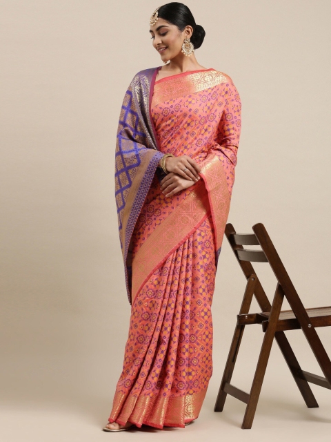 

MS RETAIL Pink & Purple Floral Silk Blend Patola Saree