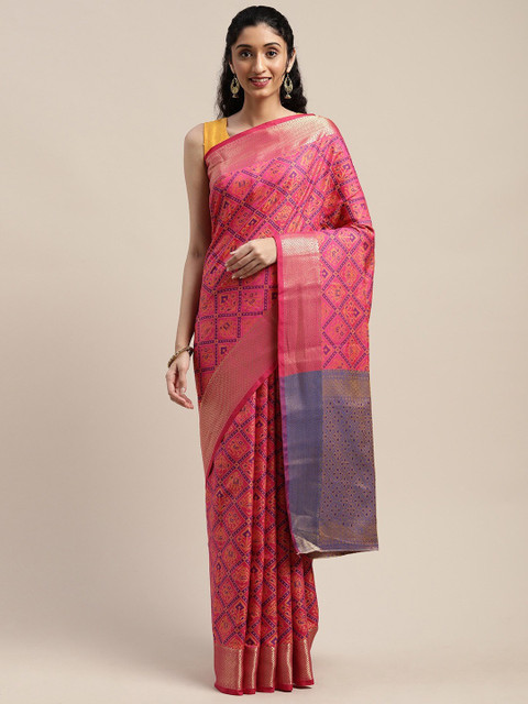 

MS RETAIL Pink & Gold-Toned Woven Design Zari Silk Blend Patola Saree