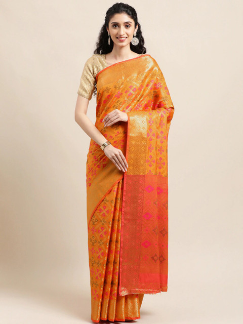 

MS RETAIL Orange & Pink Ethnic Motifs Silk Blend Patola Saree