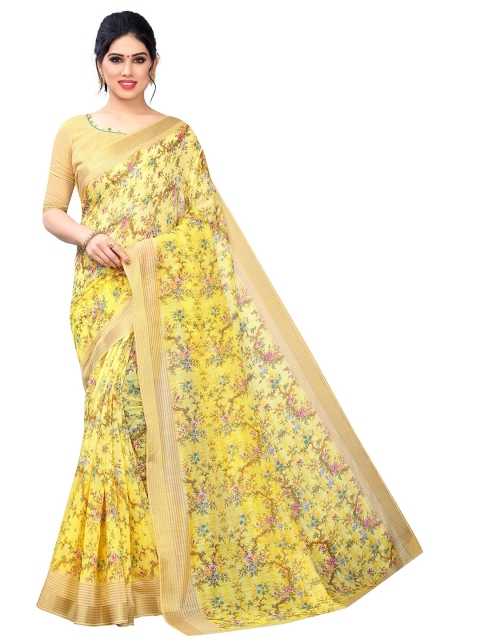 

PERFECTBLUE Yellow & Pink Floral Cotton Blend Saree