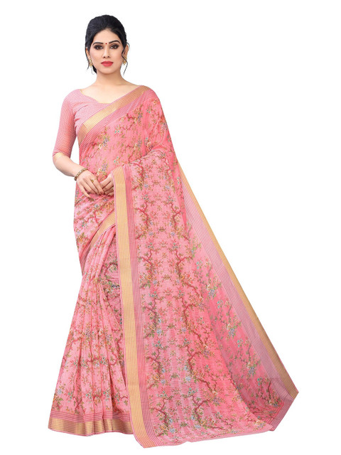 

PERFECTBLUE Pink & Blue Floral Zari Cotton Linen Saree