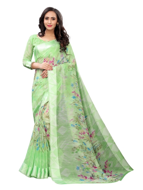 

PERFECTBLUE Green & Pink Floral Cotton Blend Saree