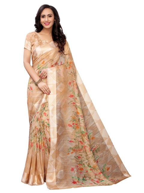 

PERFECTBLUE Women Beige & Orange Floral Cotton Blend Saree