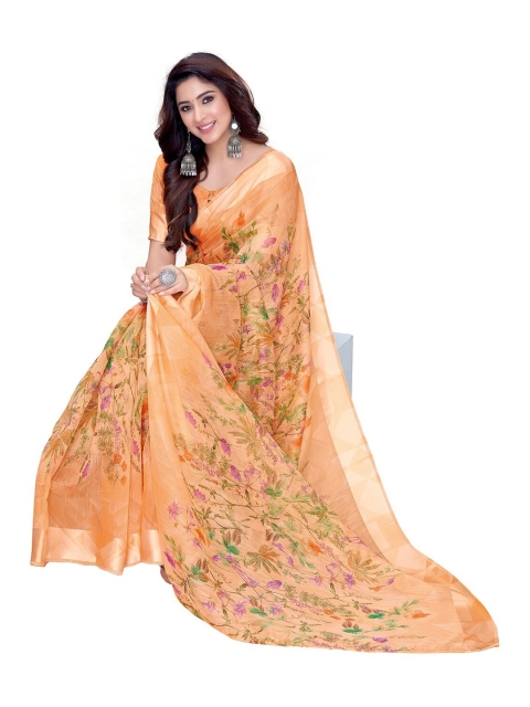 

PERFECTBLUE Orange & Green Floral Cotton Linen Saree