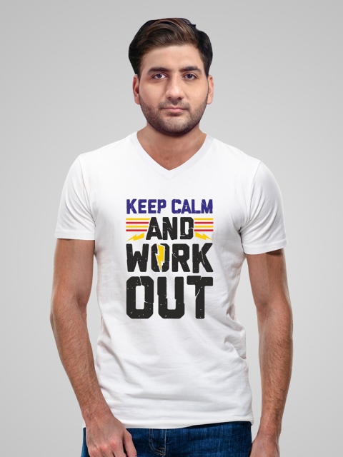 

Pootlu Men White Typography Printed V-Neck Applique T-shirt