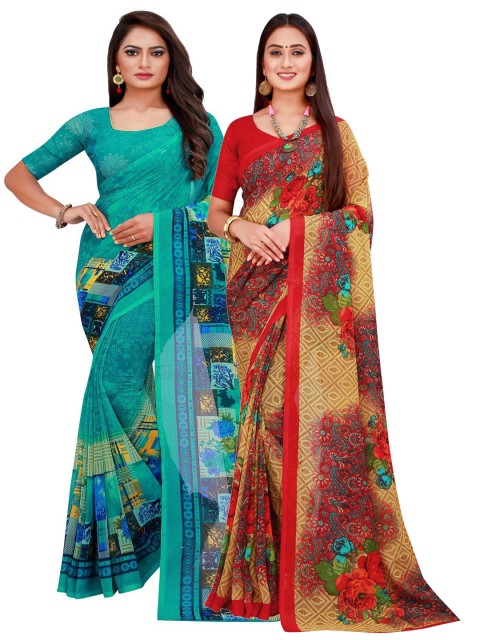 

Florence Pack of 2 Turquoise Blue & Beige Floral Pure Georgette Saree
