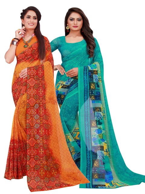 

Florence Women Orange & turquoise Set Of 2 Floral Printed Pure Georgette Saree