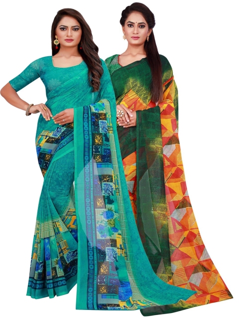 

Florence Pack of 2 Turquoise Blue & Orange Printed Pure Georgette Saree