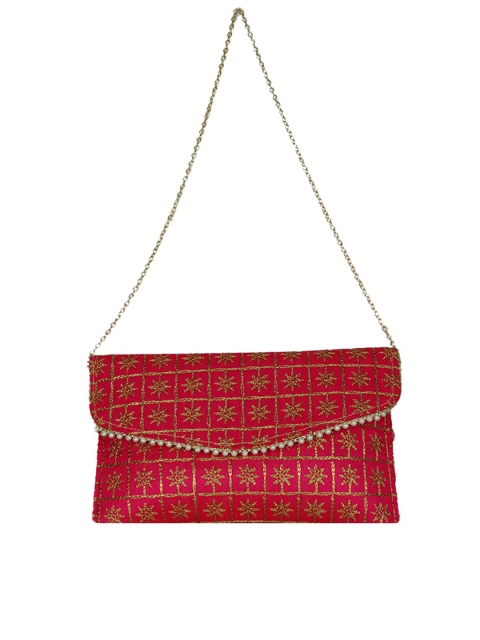 

LELYS Pink & Gold-Toned Embroidered Envelope Clutch