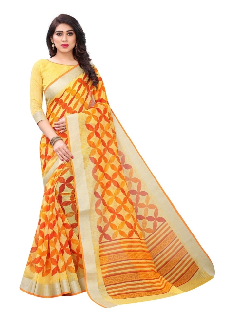 

PERFECTBLUE Yellow & Orange Floral Zari Saree