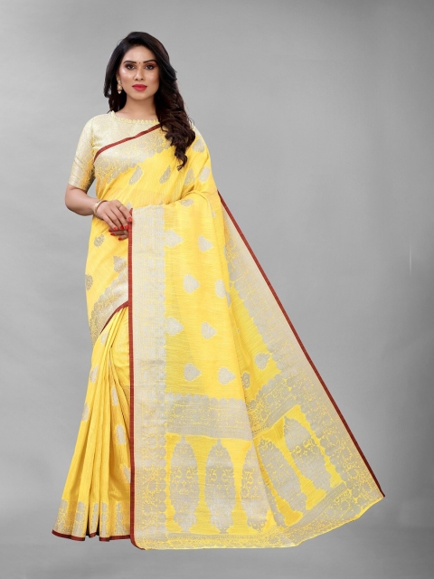

PERFECTBLUE Yellow & Silver-Toned Floral Zari Silk Blend Saree