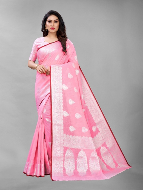 

PERFECTBLUE Pink & Silver-Toned Woven Design Zari Silk Blend Saree