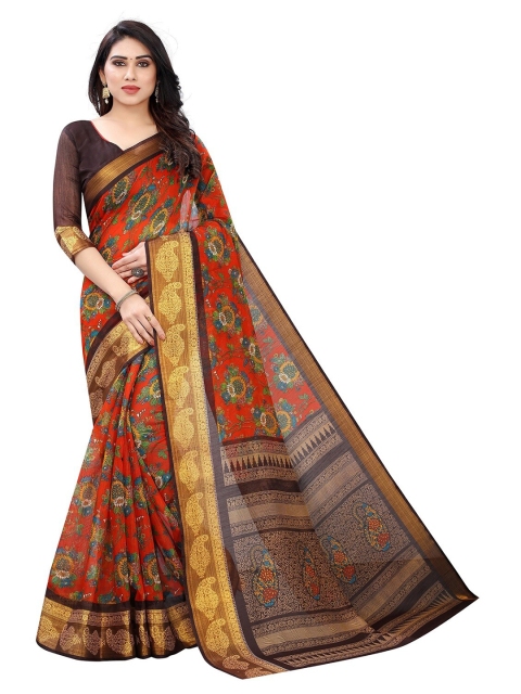 

PERFECTBLUE Orange & Green Ethnic Motifs Cotton Blend Saree