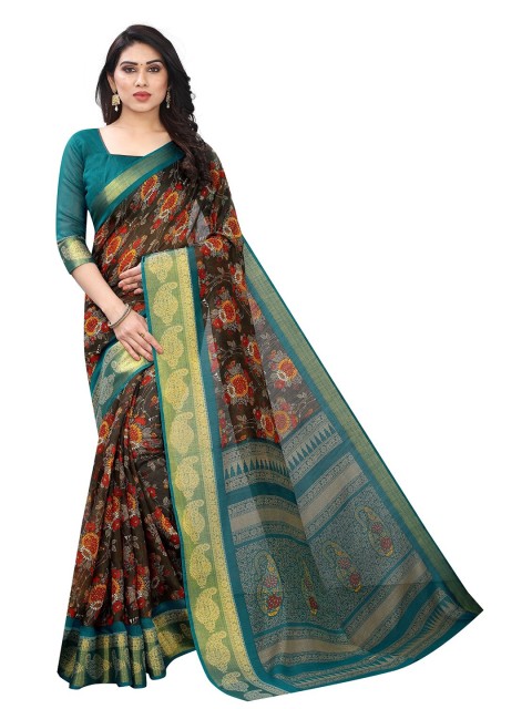 

PERFECTBLUE Brown & Red Floral Cotton Linen Saree