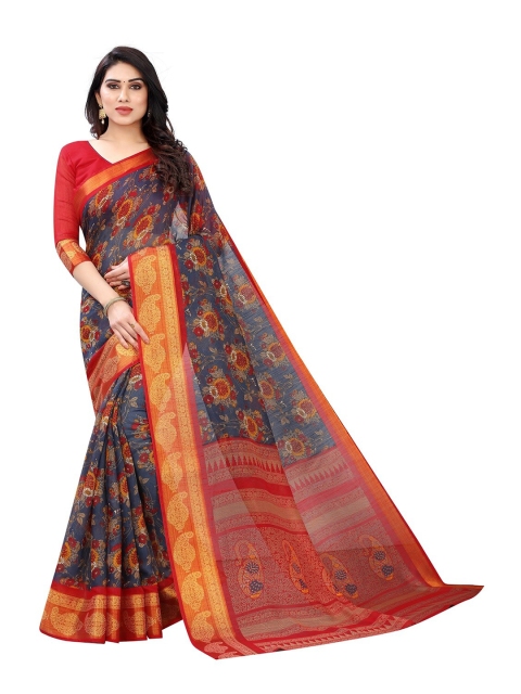 

PERFECTBLUE Grey & Red Ethnic Motifs Cotton Blend Saree