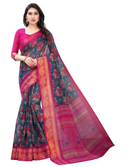 

PERFECTBLUE Grey & Pink Floral Cotton Linen Blend Saree
