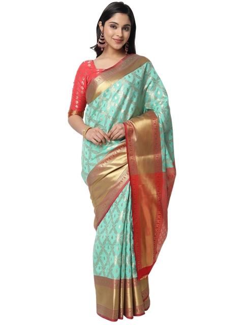 

PERFECTBLUE Blue & Red Woven Design Zari Art Silk Kanjeevaram Saree