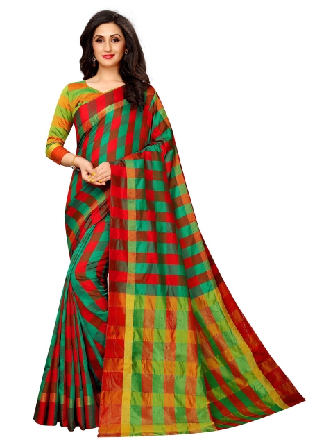 

PERFECTBLUE Red & Green Checked Silk Blend Chettinad Saree