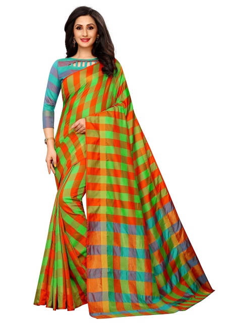 

PERFECTBLUE Red & Green Checked Zari Silk Blend Chettinad Saree