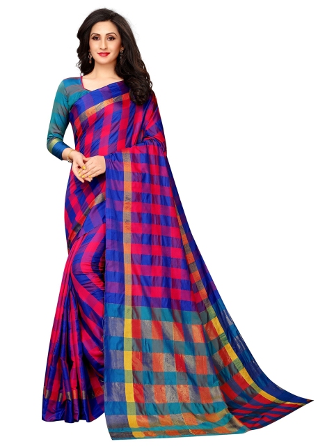 

PERFECTBLUE Magenta & Blue Checked Silk Blend Chettinad Saree