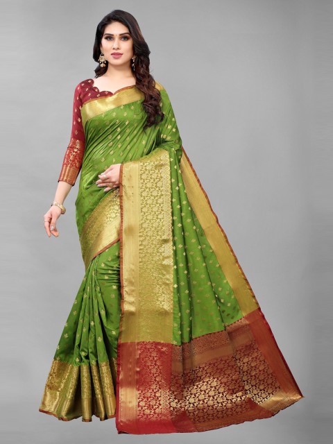 

PERFECTBLUE Olive Green & Gold-Toned Woven Design Zari Art Silk Kanjeevaram Saree