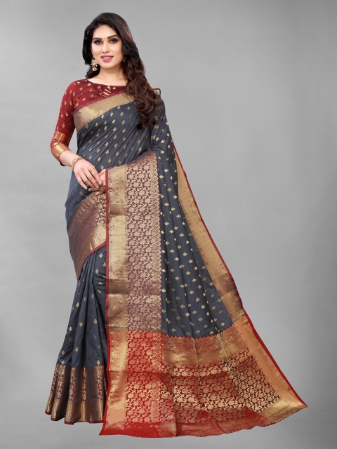 

PERFECTBLUE Grey & Golden Ethnic Motifs Zari Art Silk Kanjeevaram Saree
