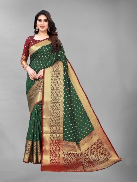 

PERFECTBLUE Green & Maroon Woven Design Zari Art Silk Kanjeevaram Saree