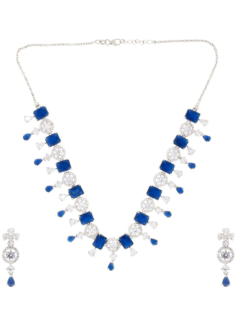 

ANAYRA Silver-Toned White & Blue CZ Studded Jewellery Set